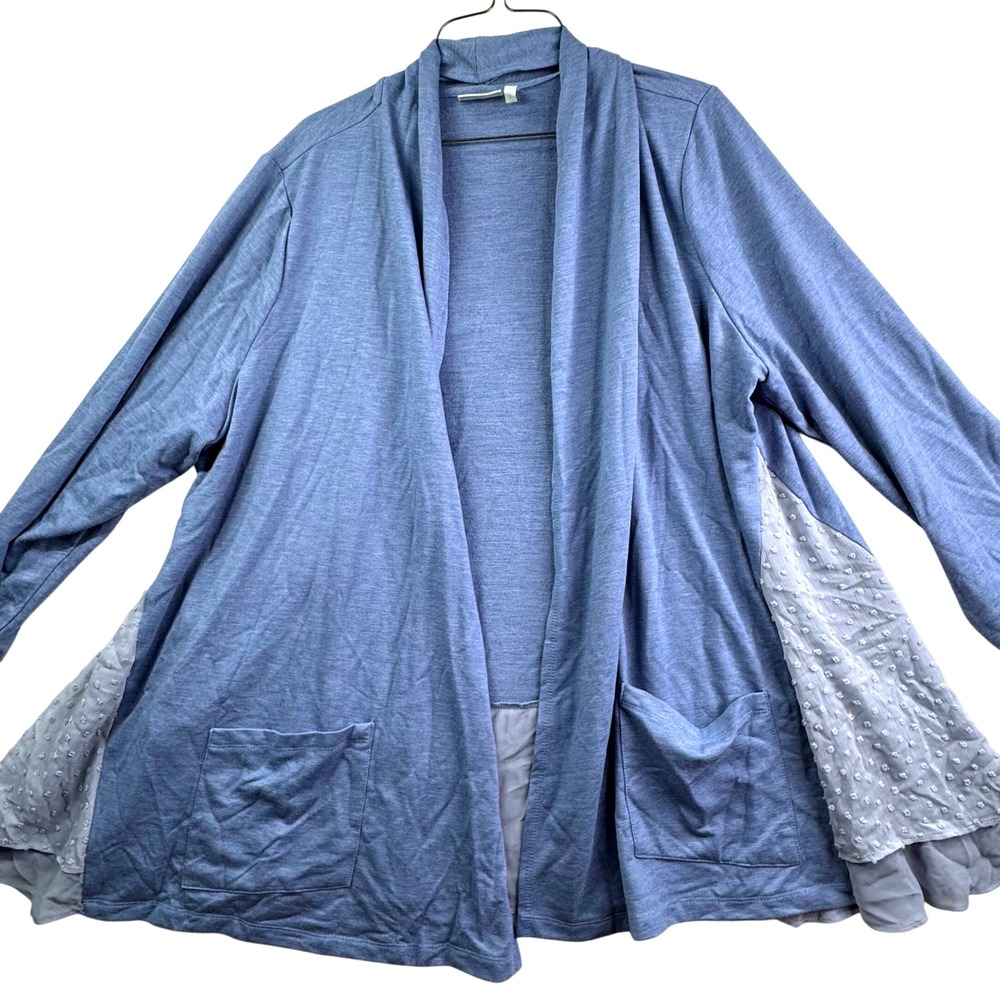 LOGO Lounge Cardigan Women 1X Blue Open Front Swiss Dot Ruffle Hem Coastal Chic